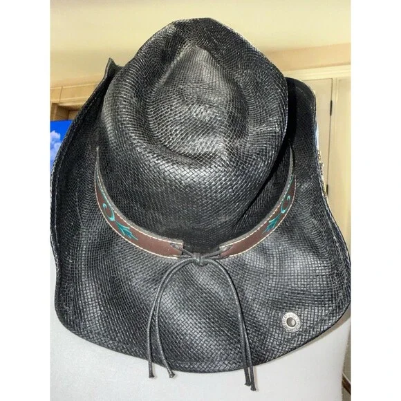 Peter Grimm Black Straw Cowboy Hat Embroidered Rose Band Western Festival O/S - Picture 4 of 12